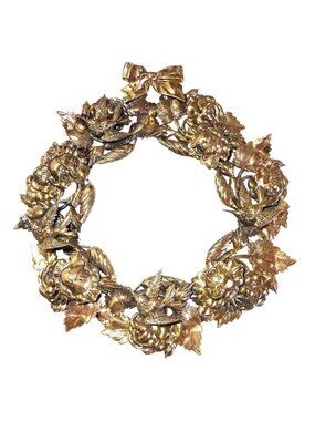 Vintage Gold-Tone Floral & Bird Wreath Bow Accent 9" Ornate Metal Décor Piece